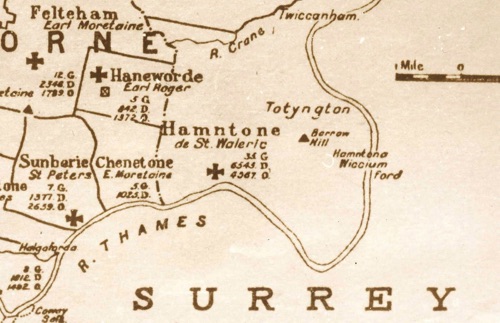 This extract from the Domesday Map of 1086 marks the ford that provided a river crossing between the Manor of Hampton Court and the important town of Kingston upon Thames from pre-Roman times.