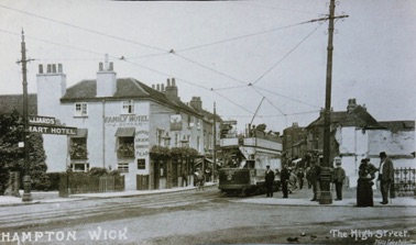 Trams ran from 1903 on a circular route from Twickenham via Teddington and Hampton Court. The White Hart was a major stop on the route. Trams ran from 1903 on a circular route from Twickenham via Teddington and Hampton Court. The White Hart was a major stop on the route.